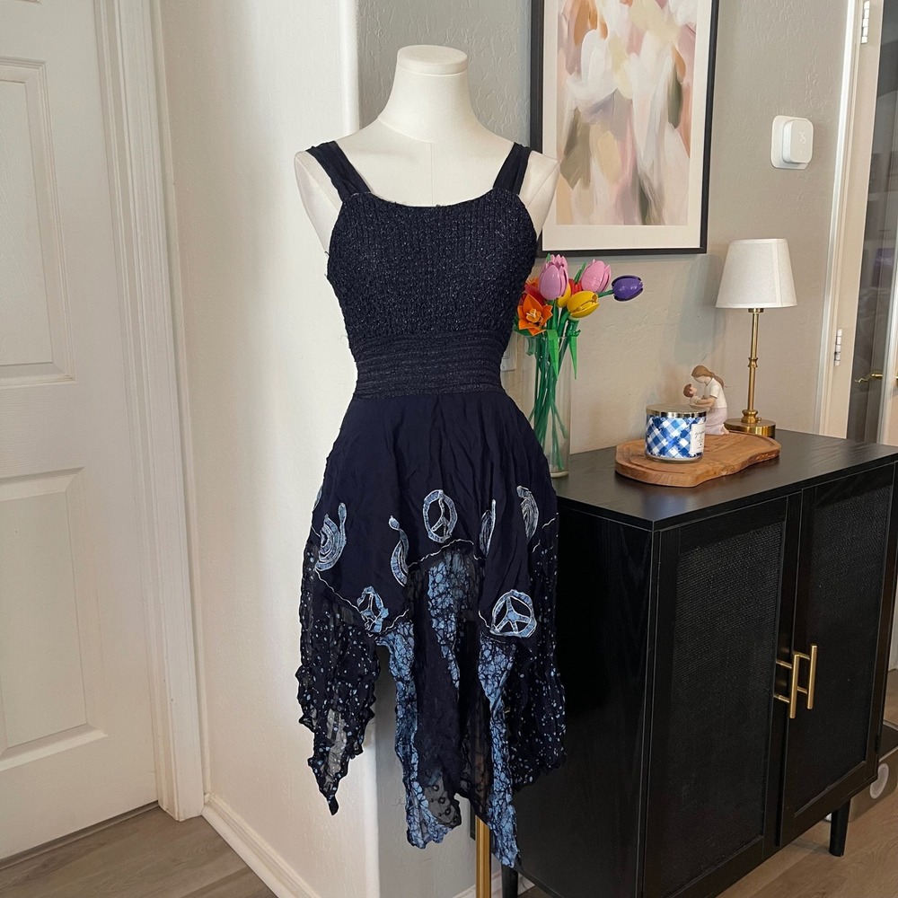 Fairy Hippie Handkerchief Dress Womens OS Navy Peace Sign Fairycore Boho
